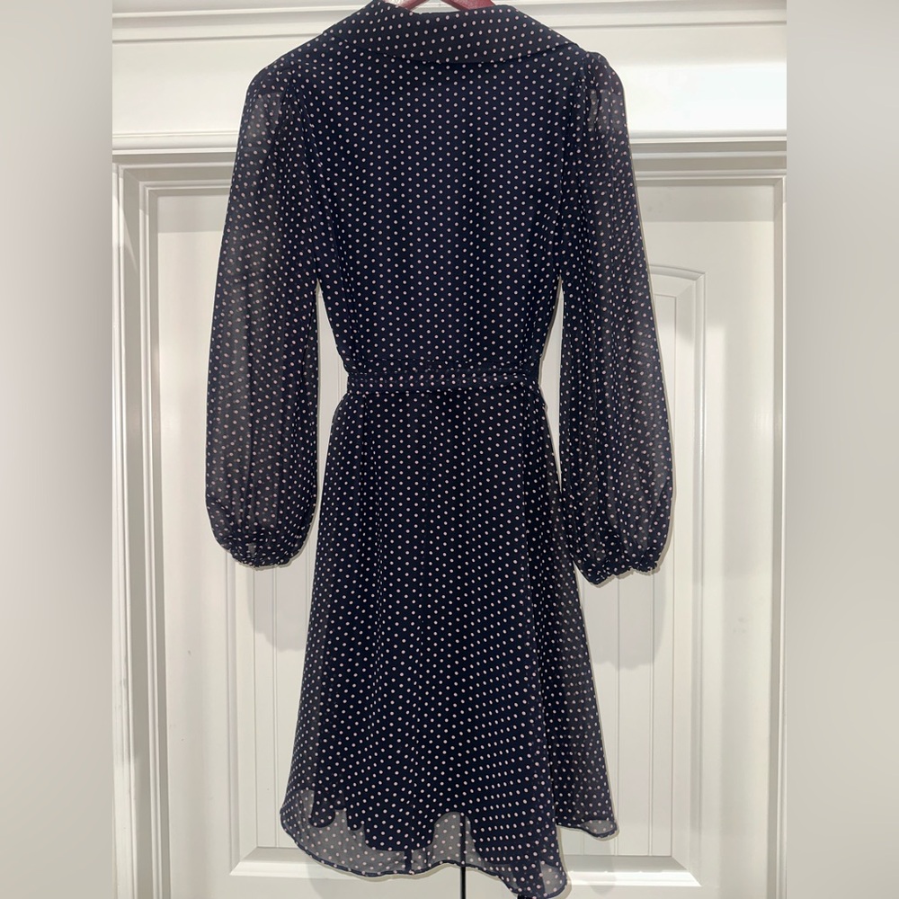 DKNY Navy Pink Polka Dot Sheer Faux Wrap Dress - Picture 2 of 6
